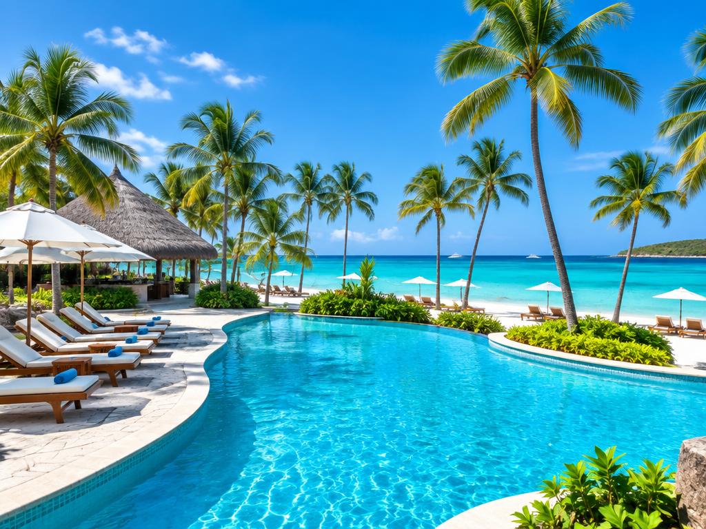 Tropical beach resort with pool and palm trees