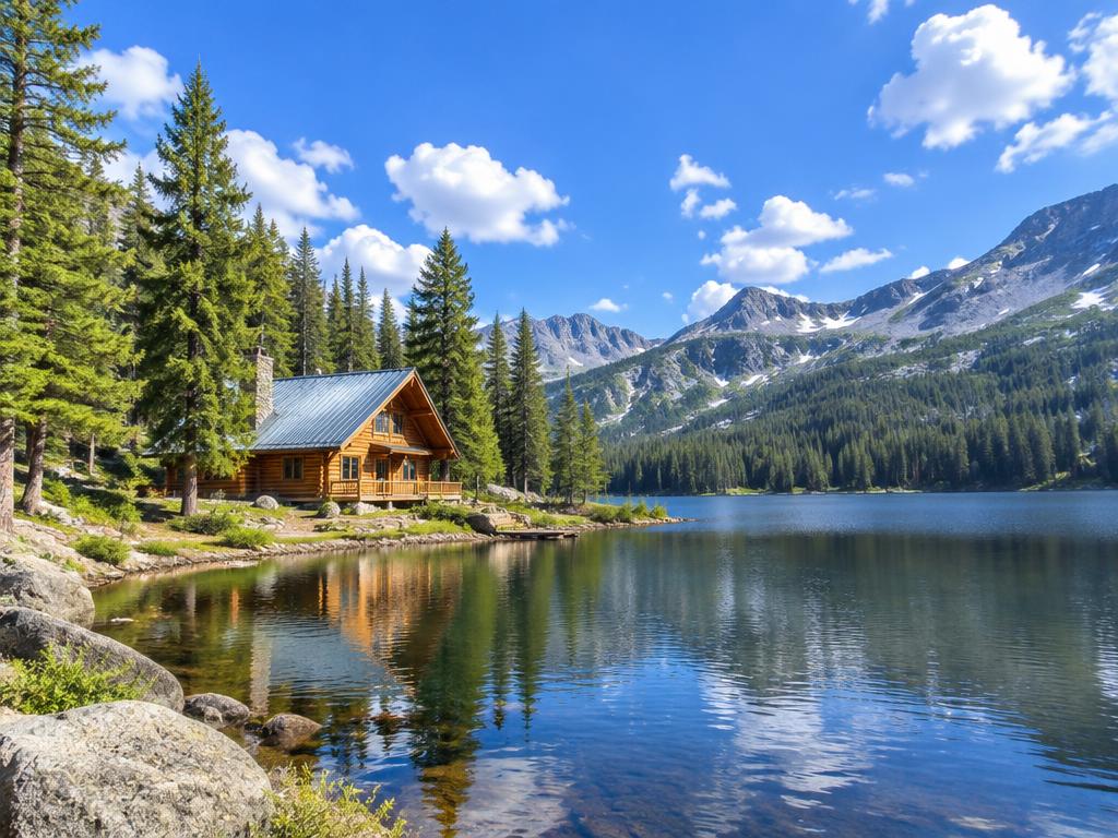 Lakeside log cabin surrounded by mountains